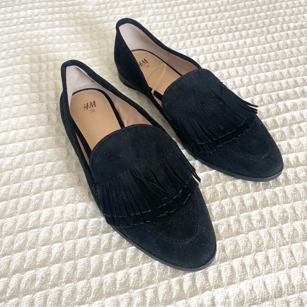 H&M black faux suede fringe loafer size EUR 38